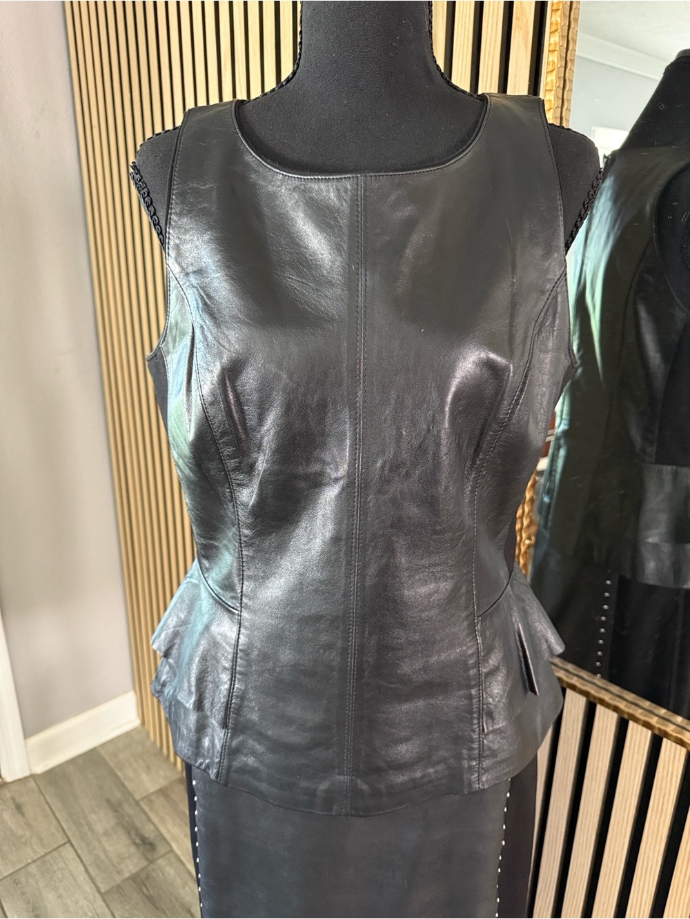 White House Black Market Black Leather Peplum Top